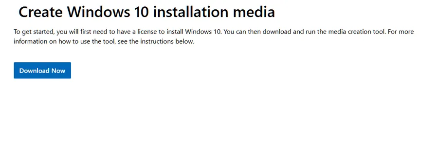 Microsoft Windows 10 installation media download page.