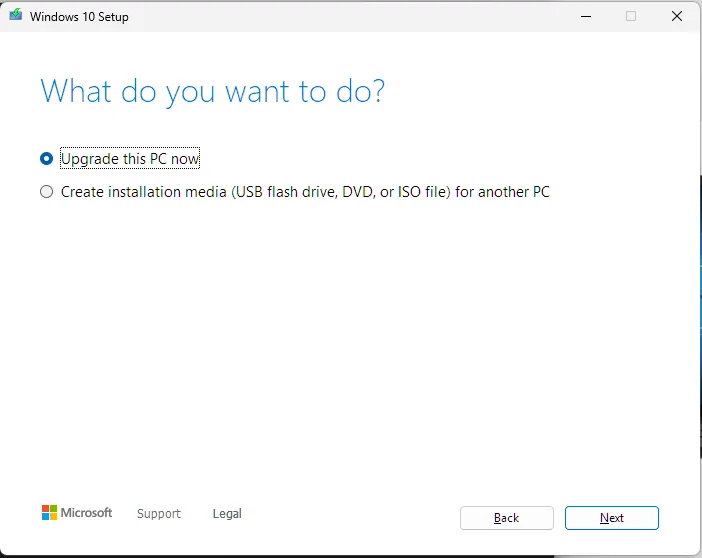 Windows 10 Setup screen asking what you want to do.