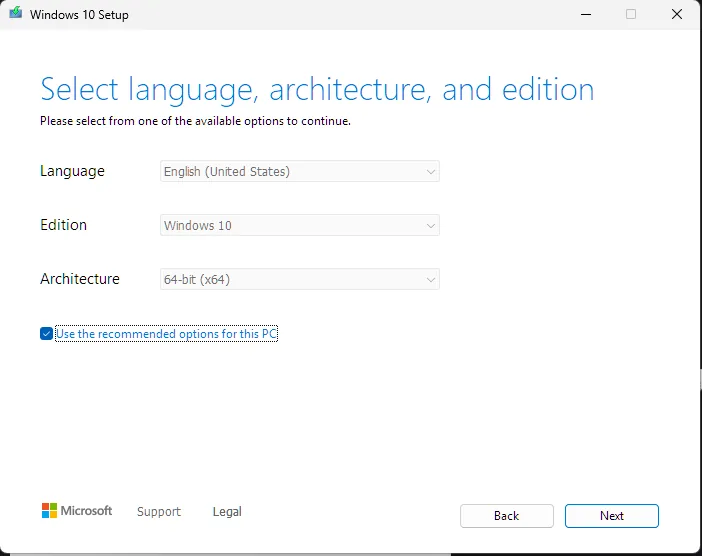 Windows 10 Setup screen for language, edition, and architecture.