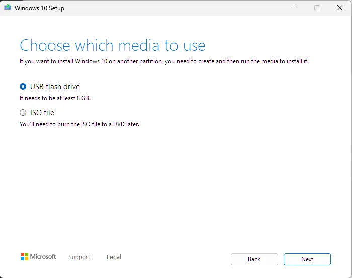 Windows 10 Setup screen asking which media to use.